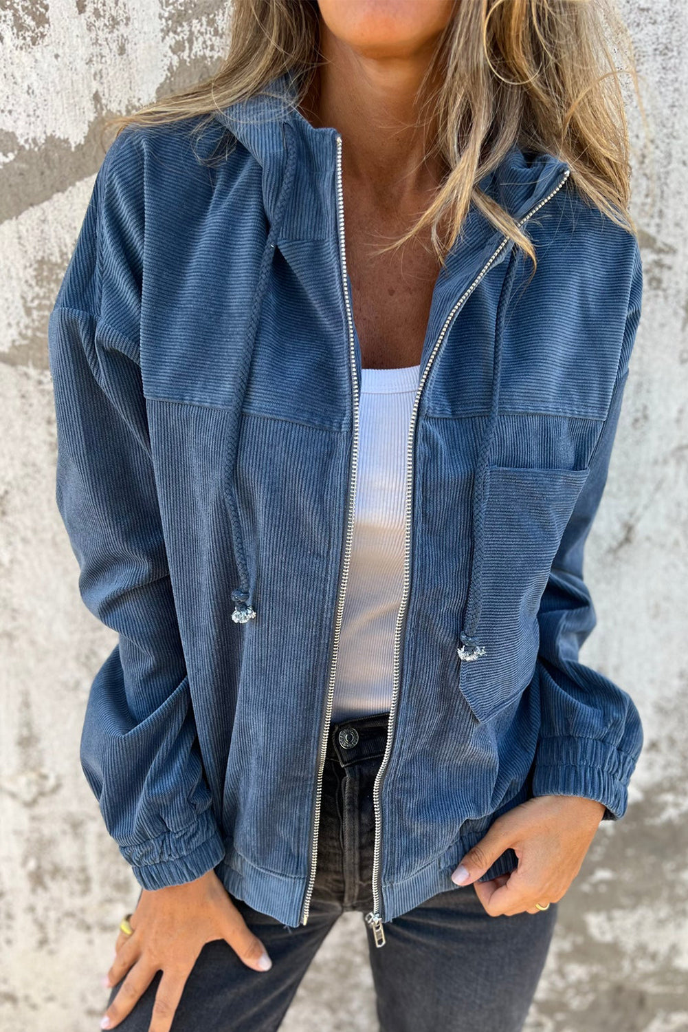 Teal Zip-Up Hooded Jacket with Adjustable Drawstring