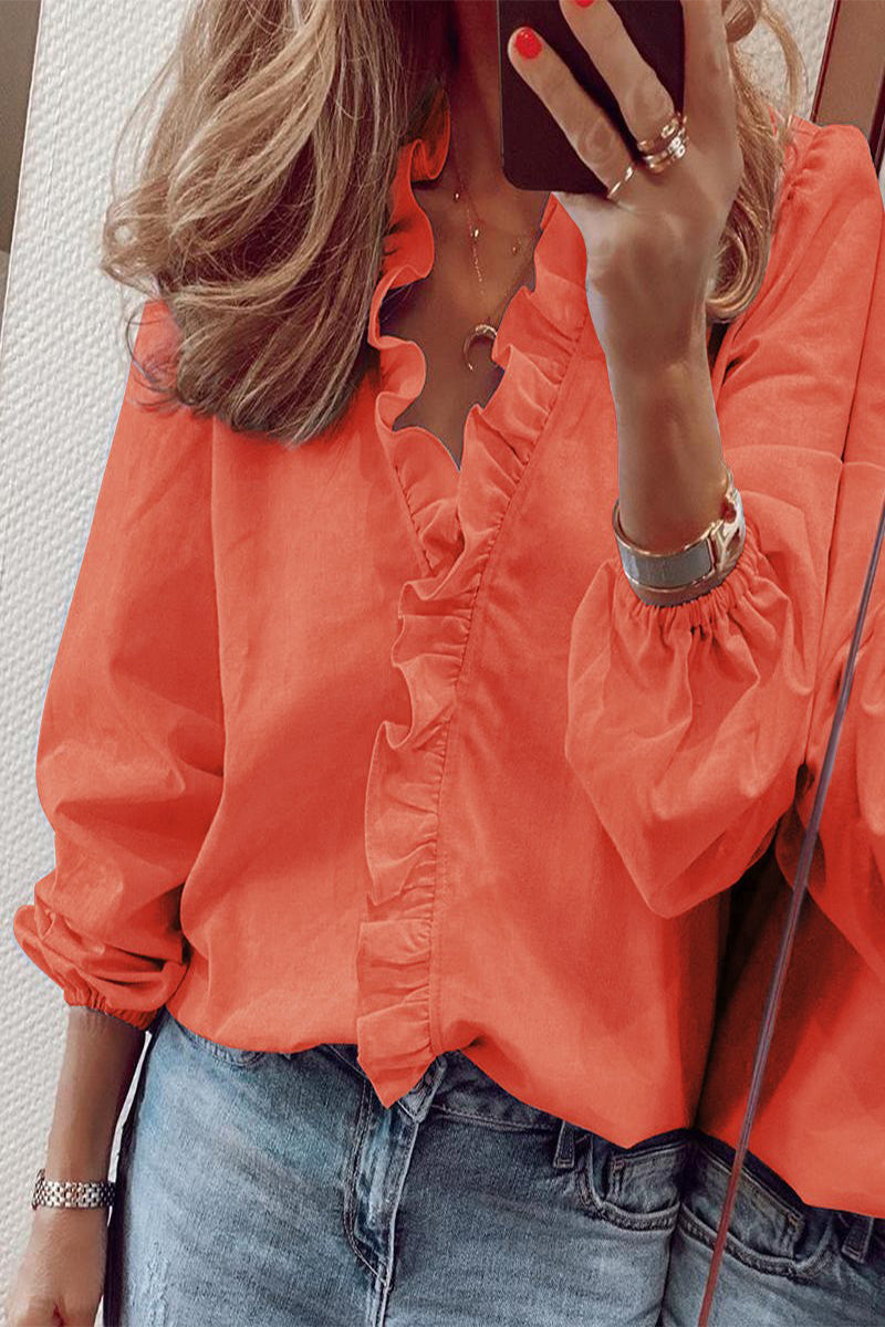 V-Neck Blouse with Ruffled Long Sleeves