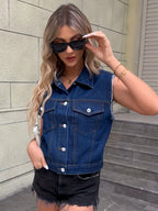 Johanna - Sleeveless Denim Jacket Featuring Flap Pockets