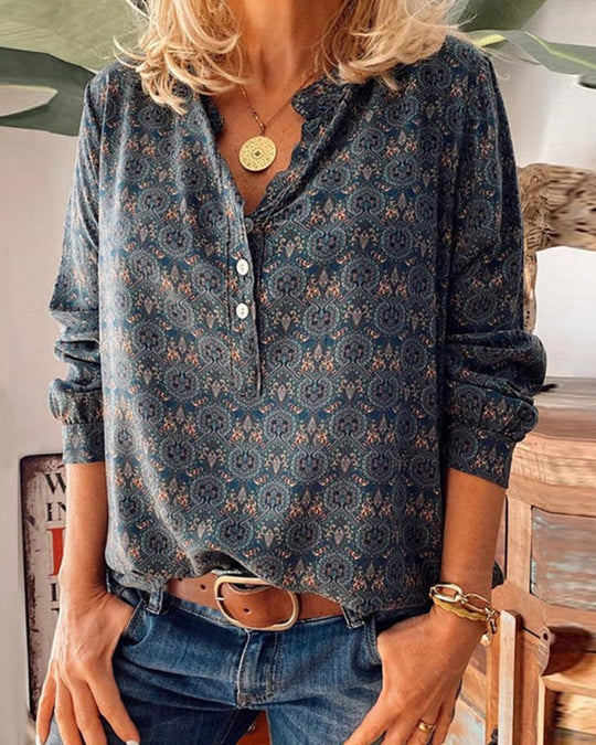 Vintage Print Long Sleeve Blouse with Retro Flair