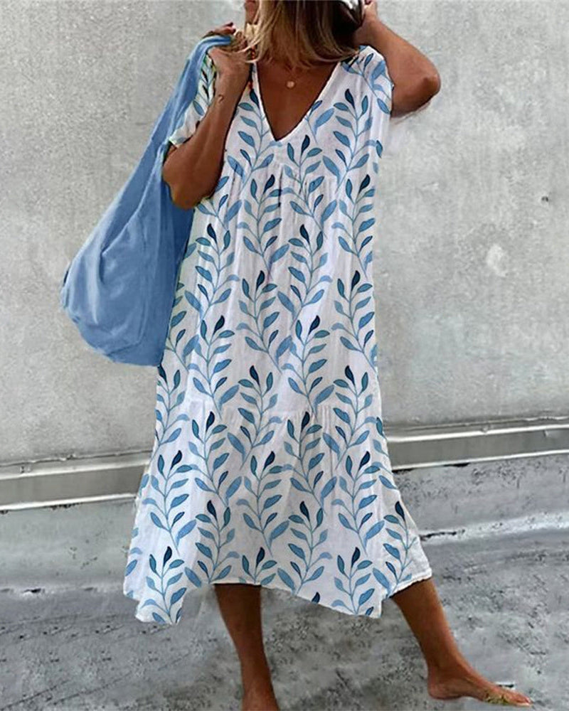 Flowy Midi Dress with Leaf Print