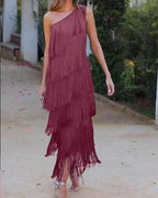 Chic Open-Shoulder Fringe Dress