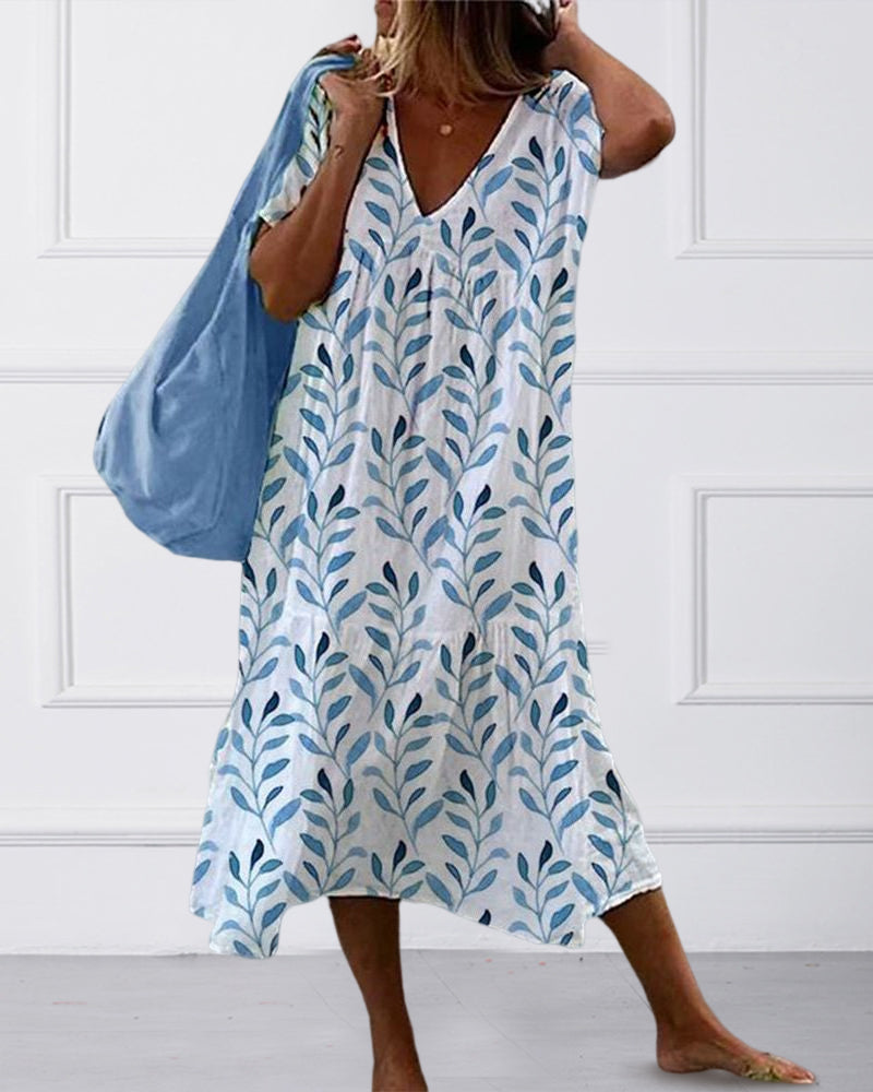 Flowy Midi Dress with Leaf Print