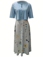 Chic Floral Two-Piece Dress Set Featuring Solid Crop Top and Round Neck