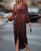 Gracia - Chic V-Neck Dress Featuring Elegant Lantern Sleeves