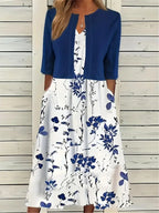 Chic Floral Two-Piece Dress Set Featuring Solid Crop Top and Round Neck