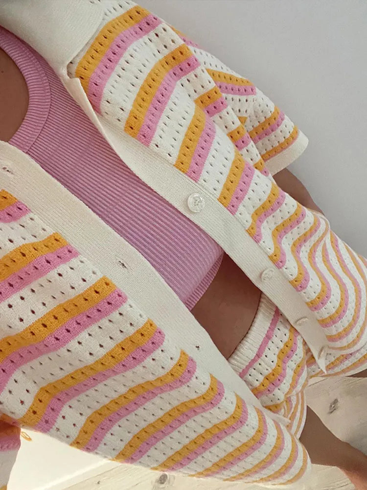 Women's Two-Piece Knit Set with Striped Contrast