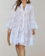 Elegant V-Neck Embroidered Dress with Bell Sleeves for Easy Comfort