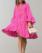 Elegant V-Neck Embroidered Dress with Bell Sleeves for Easy Comfort