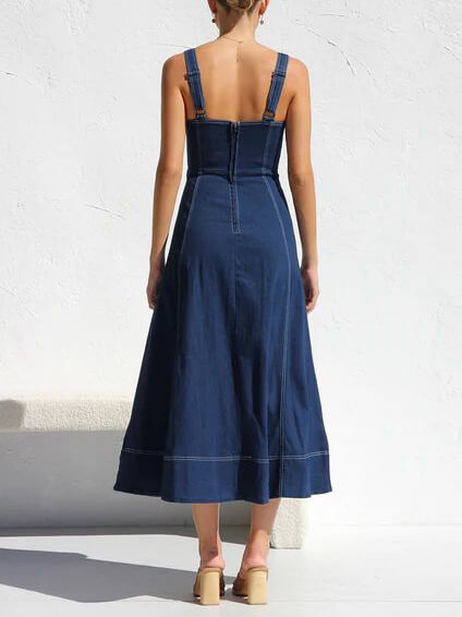 Button-Up Denim Midi Dress with Casual Strap Design