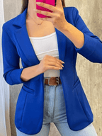 Chic Women's Solid Blazer with Pockets, Lapel Collar, and Long Sleeves