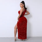 Chic One-Shoulder Sequin Dress with Dramatic High Slit