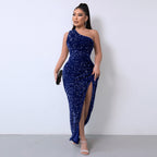Chic One-Shoulder Sequin Dress with Dramatic High Slit