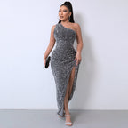 Chic One-Shoulder Sequin Dress with Dramatic High Slit