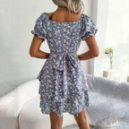Floral Puff Sleeve Dress with Square Neckline