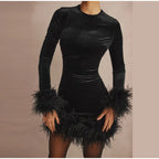 Chic Sheath Dress Featuring Feather-Trimmed Sleeves