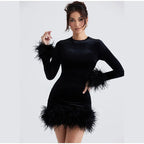 Chic Sheath Dress Featuring Feather-Trimmed Sleeves