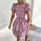 Floral Puff Sleeve Dress with Square Neckline