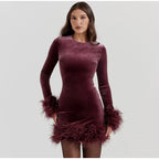 Chic Sheath Dress Featuring Feather-Trimmed Sleeves