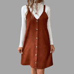 Strap-Detail V-Neck Corduroy Dress with Button Accents