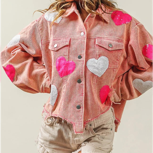 Heart-Embellished Corduroy Jacket with Sequin Detail