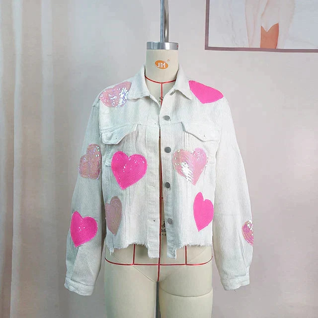Heart-Embellished Corduroy Jacket with Sequin Detail