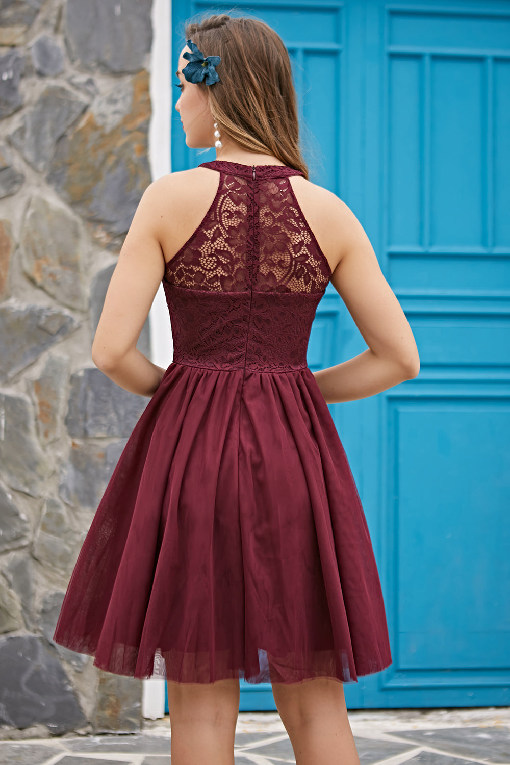 Burgundy Halter Dress for Confirmation Celebration