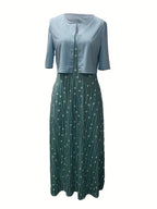 Chic Floral Two-Piece Dress Set Featuring Solid Crop Top and Round Neck