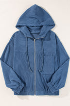 Teal Zip-Up Hooded Jacket with Adjustable Drawstring