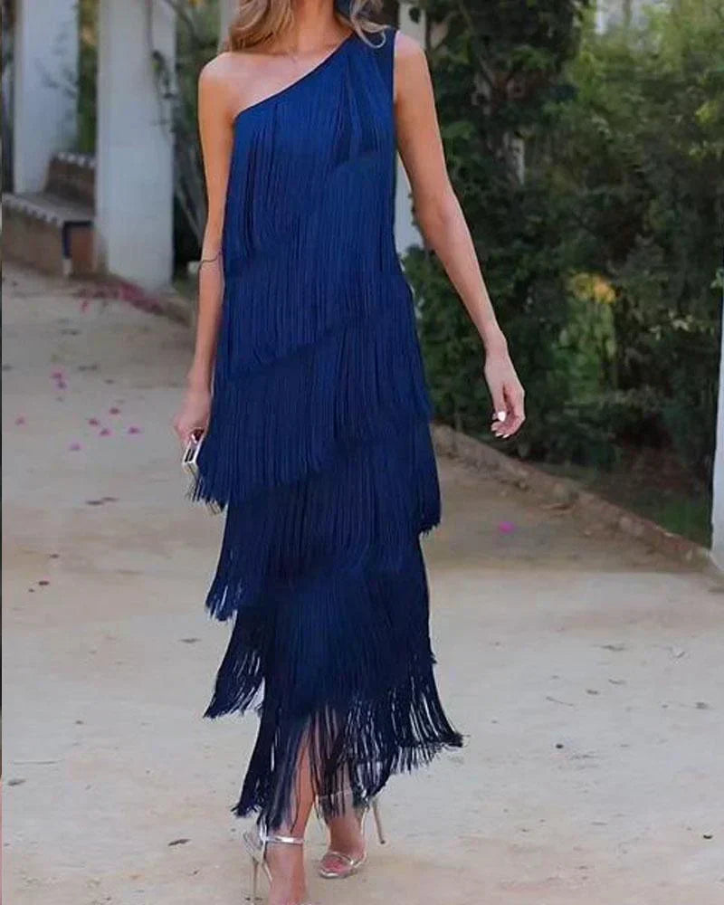 Chic Open-Shoulder Fringe Dress